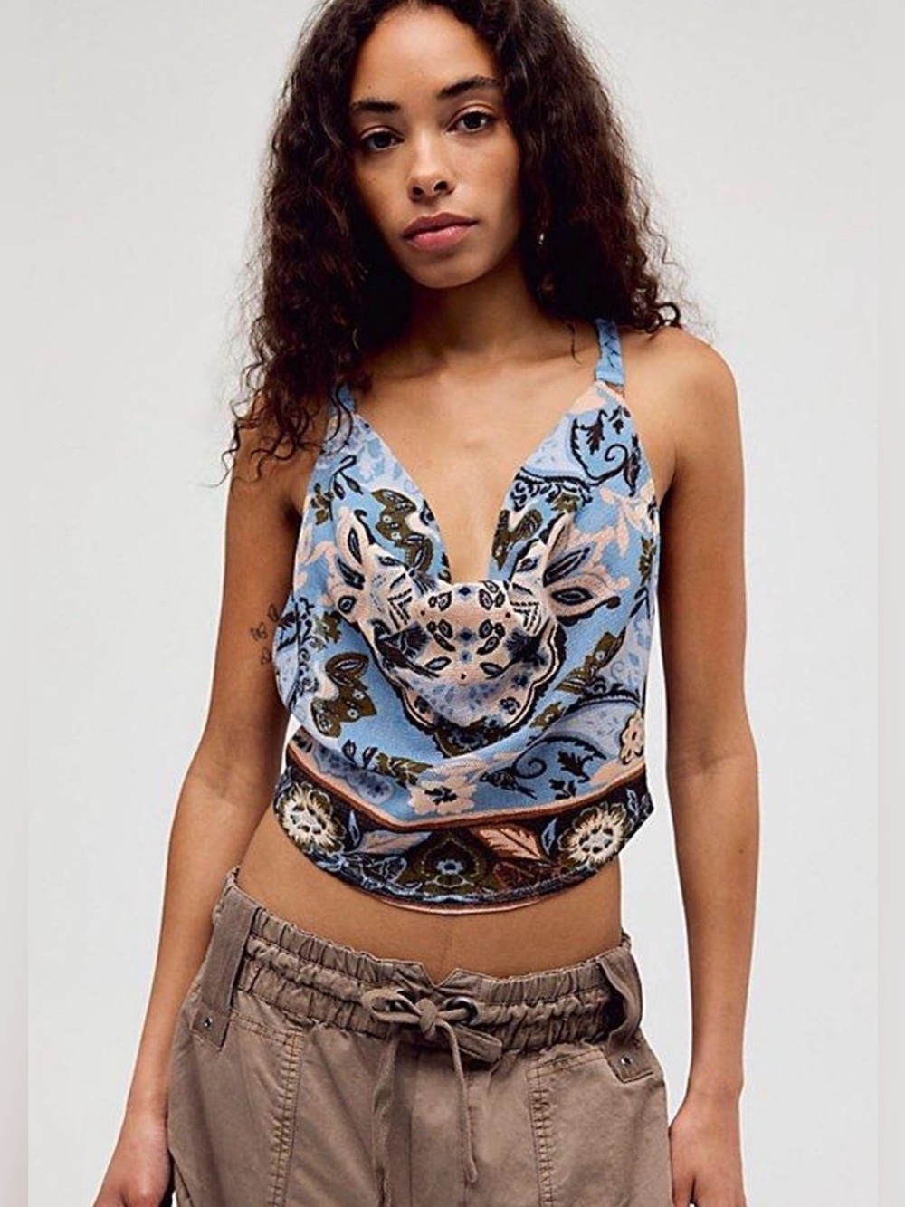 Free People Laila Cowl Neck Sky Blue Paisley Tank Top NWT